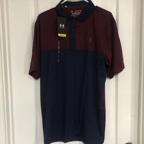 New Under‎ Armour Blocked “The Performance Polo” Golf Polo Large Maroon & Blue - Picture 2 of 7